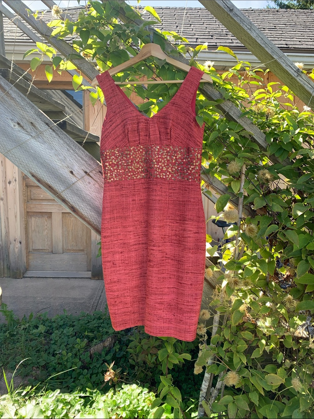 Red V-Neck Sleeveless Dress with Embellished Waist